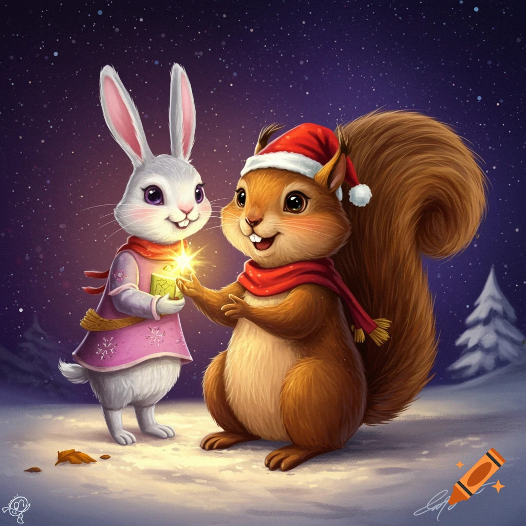 A cartoon rabbit and squirrel in a snowy night hold a glowing object.