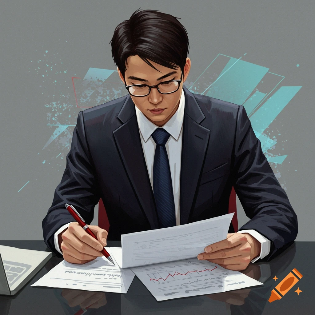 An accountant in a suit and glasses working at a desk with papers and a pen.