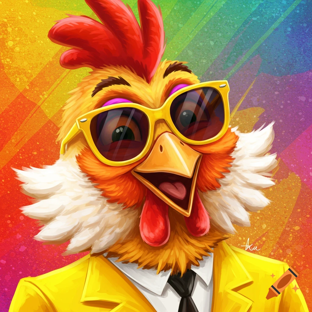 Cartoon chicken in sunglasses and a suit against a colorful background.