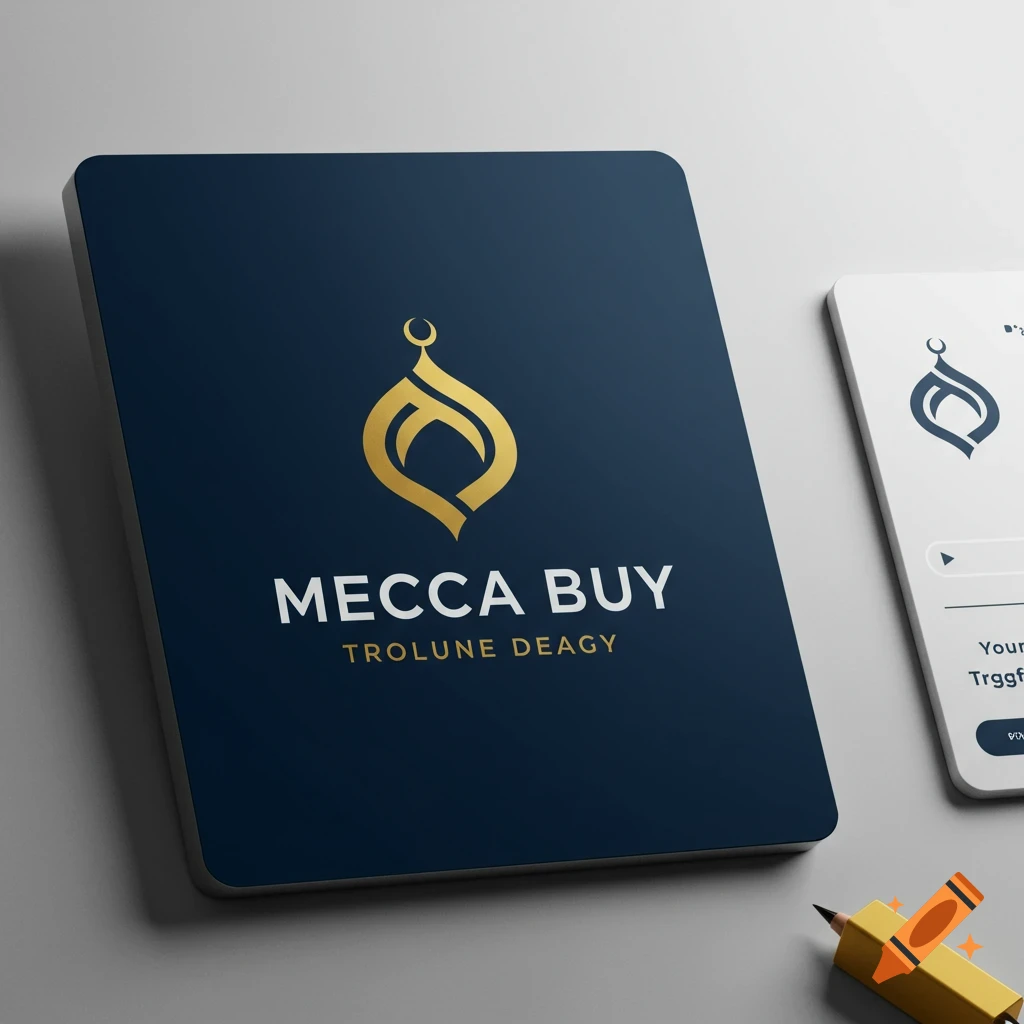 A dark blue device mockup displaying a gold logo and the text 'MECCA BUY TROLUNE DEAGY', with a phone mockup and pencil in the background.