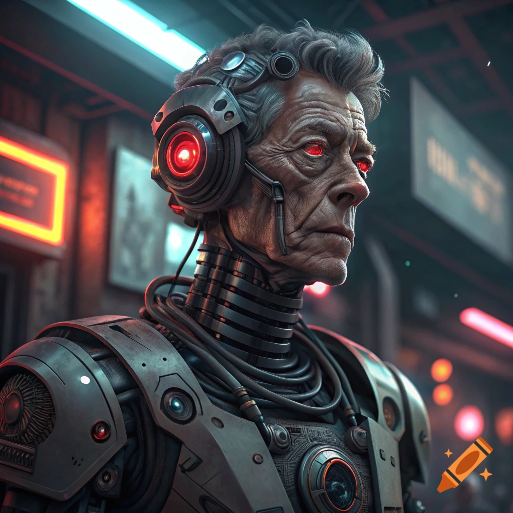Close-up portrait of an older man cyborg with red glowing eyes and futuristic headset in a cyberpunk setting.