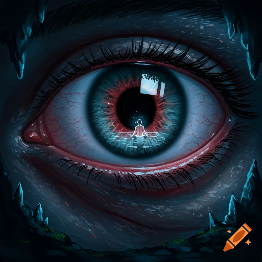 A person bathes within a giant eye's pupil, surrounded by cave formations.