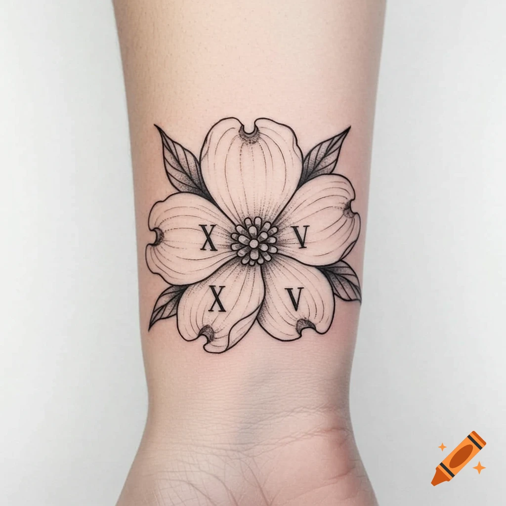 Black and white line drawing tattoo of a dogwood flower with X and V integrated, on a wrist.