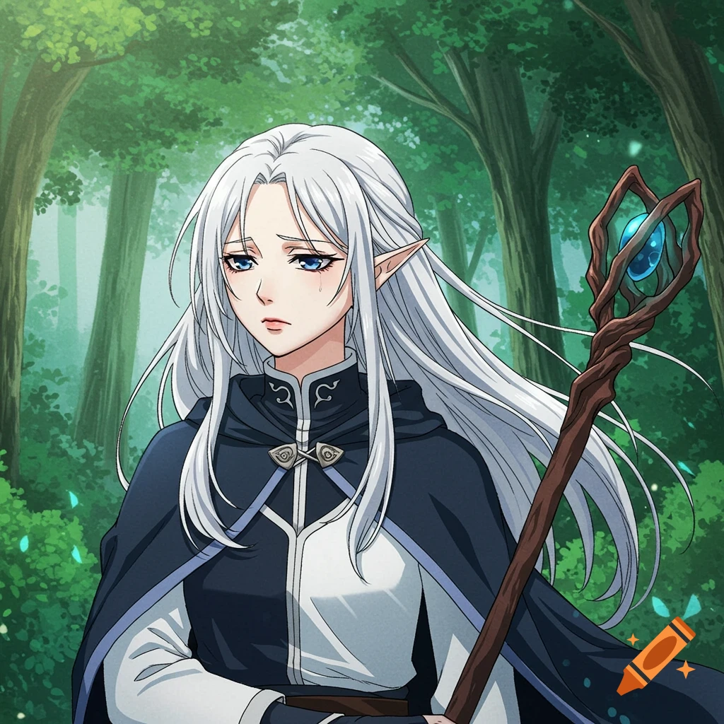 Anime-style character with long white hair and elf ears in a forest, holding a staff.