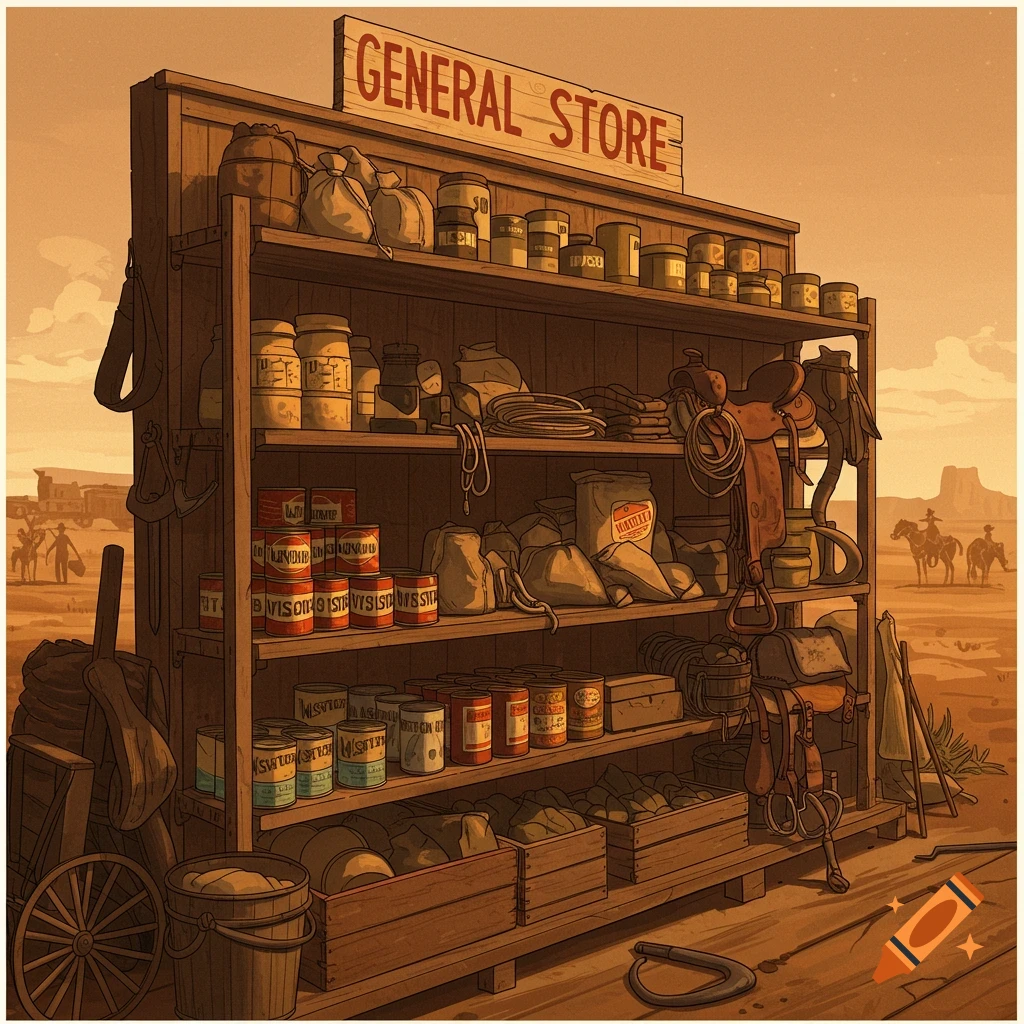 Western supply shelves filled with goods like cans, bags, rope, and a saddle, with cowboys in the background.