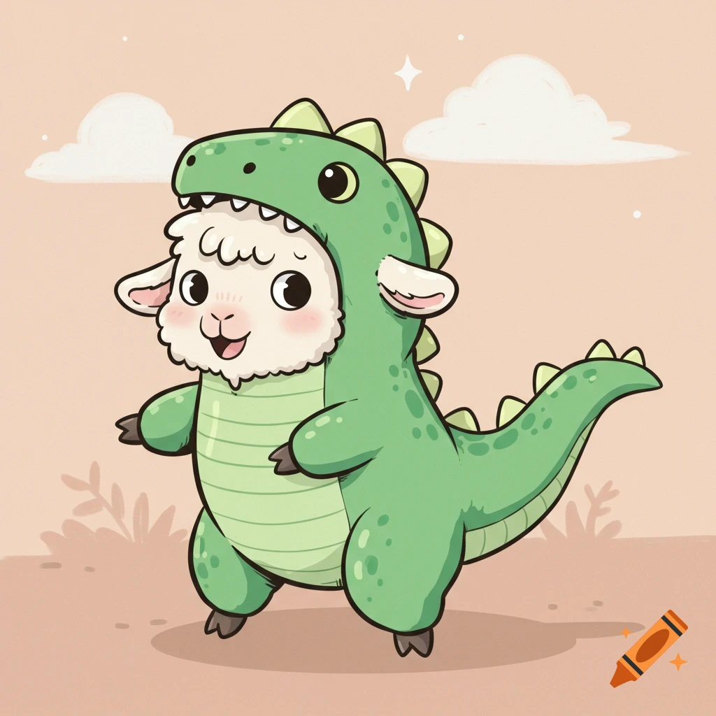 Cartoon sheep wearing a green dinosaur costume.