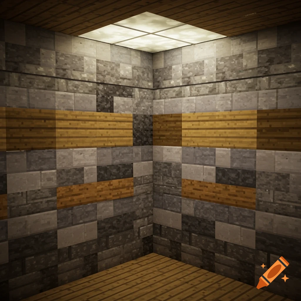 Interior corner view of a room built with Minecraft blocks including stone, cobblestone, wood planks, and a ceiling light.