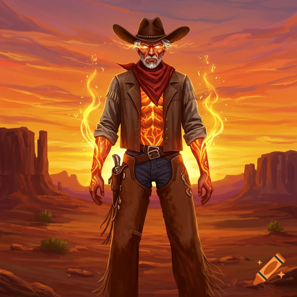 A stylized image of a cowboy with glowing fire on his chest and arms standing in a desert.
