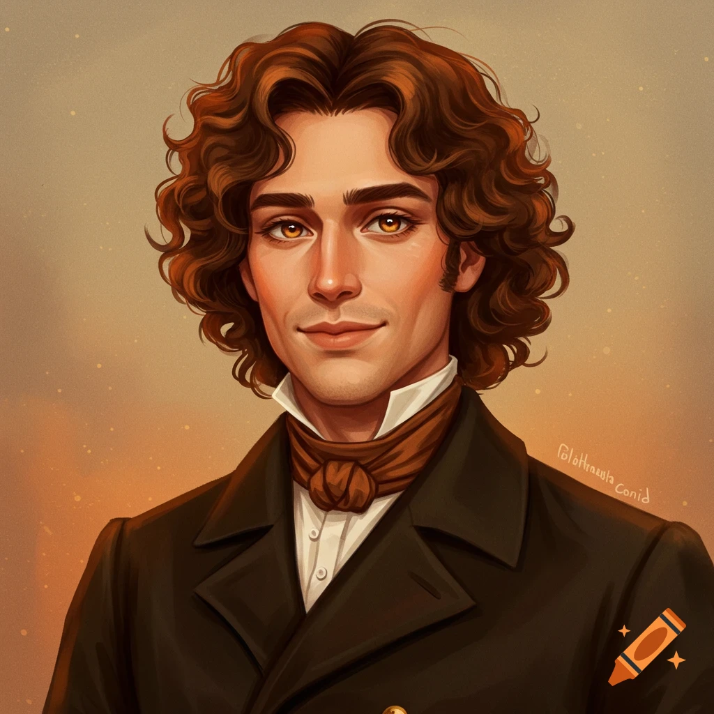 Portrait of a man with curly brown hair in historical clothing.
