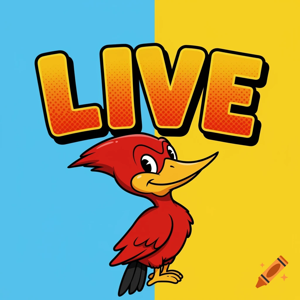 Cartoon woodpecker under the word LIVE on a split blue and yellow background.