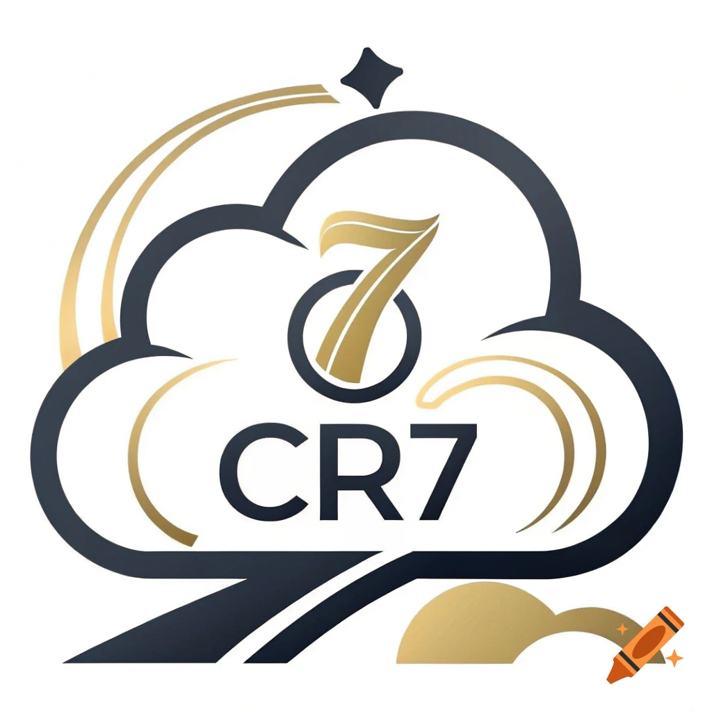 CR7 logo with a stylized gold 7 inside a dark cloud shape, with gold accents.