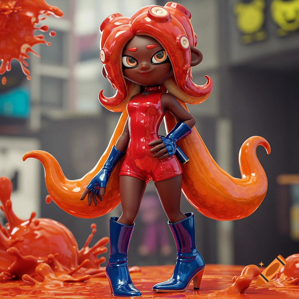 A stylized 3D rendering of an Octoling character from Splatoon wearing a red suit and blue boots, standing in orange liquid.