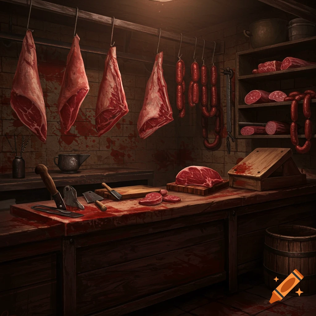 A dark butcher shop with hanging meat, sausages, and bloody surfaces.