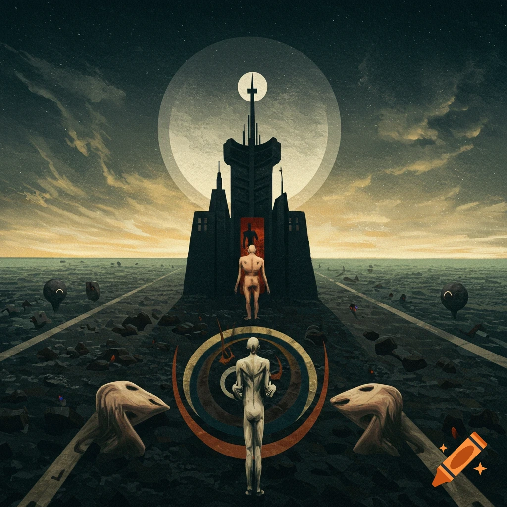 Two figures approach a dark tower under a large moon in a surreal, dystopian landscape.