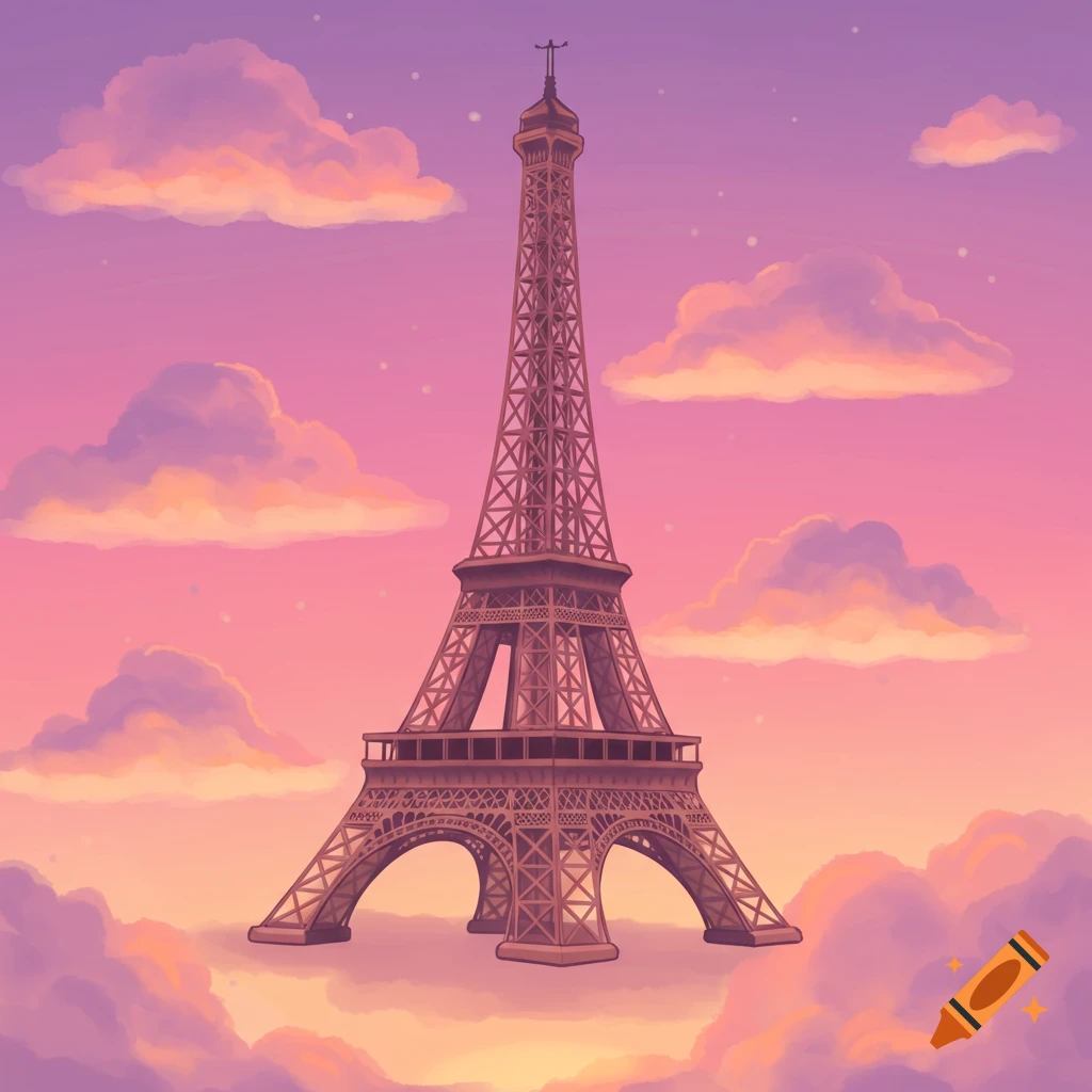 A cute depiction of the Eiffel Tower surrounded by pink clouds and a pink and purple sunset sky.