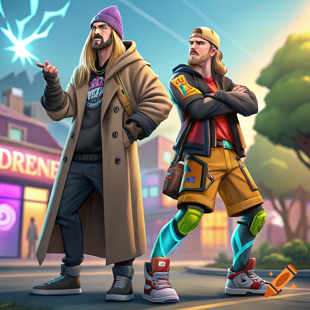 Two stylized cartoon characters, like Fortnite skins, in an urban street scene. One is tall with a long coat and beanie, pointing. The other wears shorts and a backward cap, arms crossed.