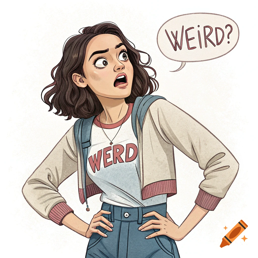 Cartoon illustration of a young woman looking surprised, with a speech bubble that says 'WEIRD?' and text on her shirt.