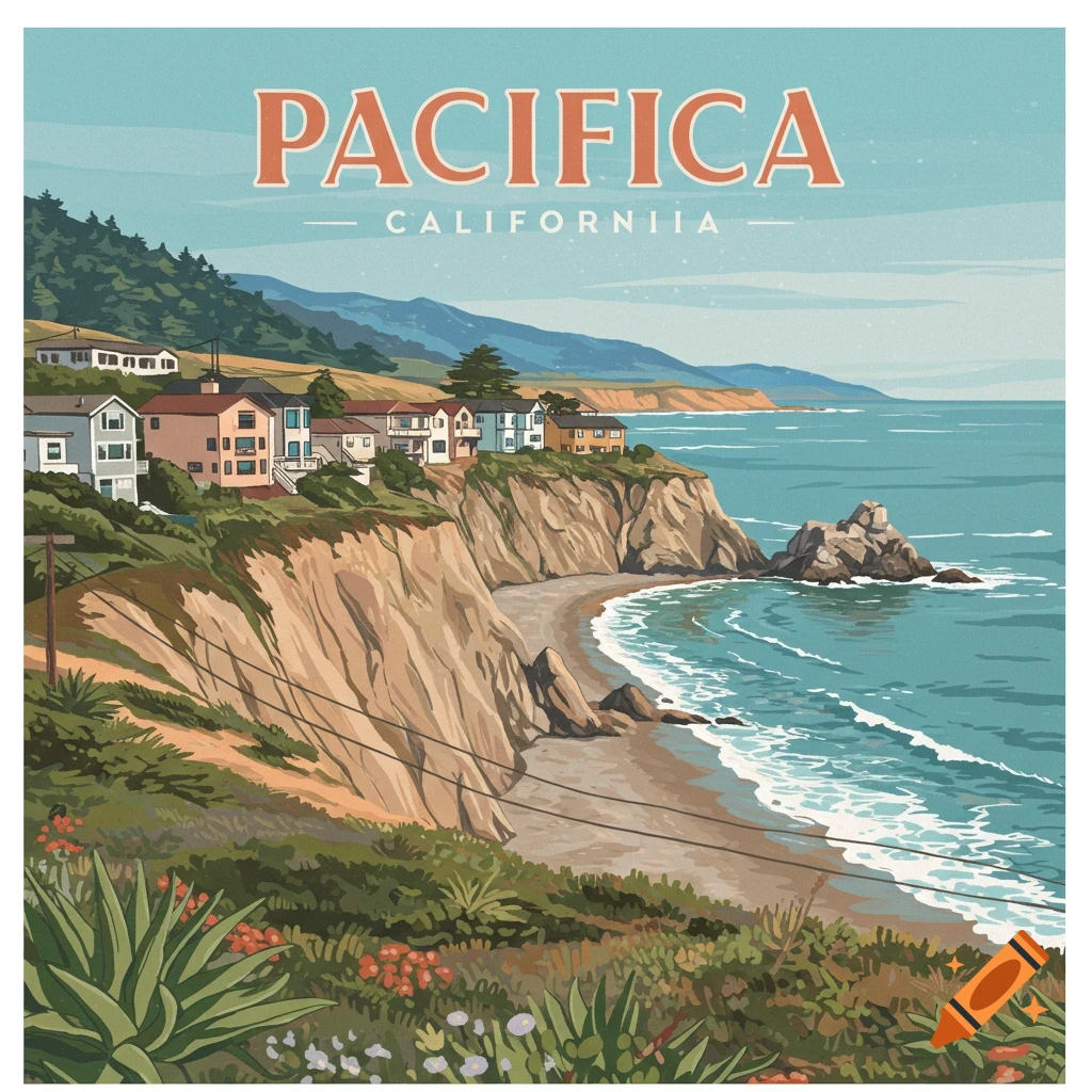 A town on cliffs overlooking a beach and the ocean, with text 'PACIFICA CALIFORNIIA'.