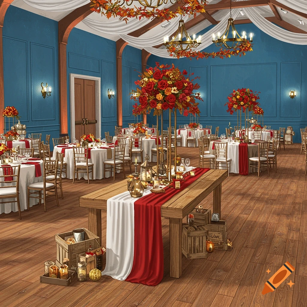 A decorated event hall with blue walls, white tables with red runners, tall red flower arrangements, and fall decor.