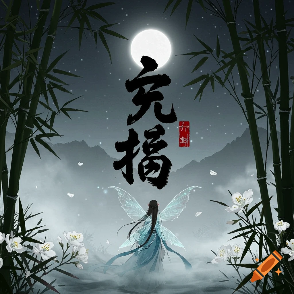 A figure with glowing fairy wings stands under a full moon among bamboo and flowers, with vertical calligraphy.