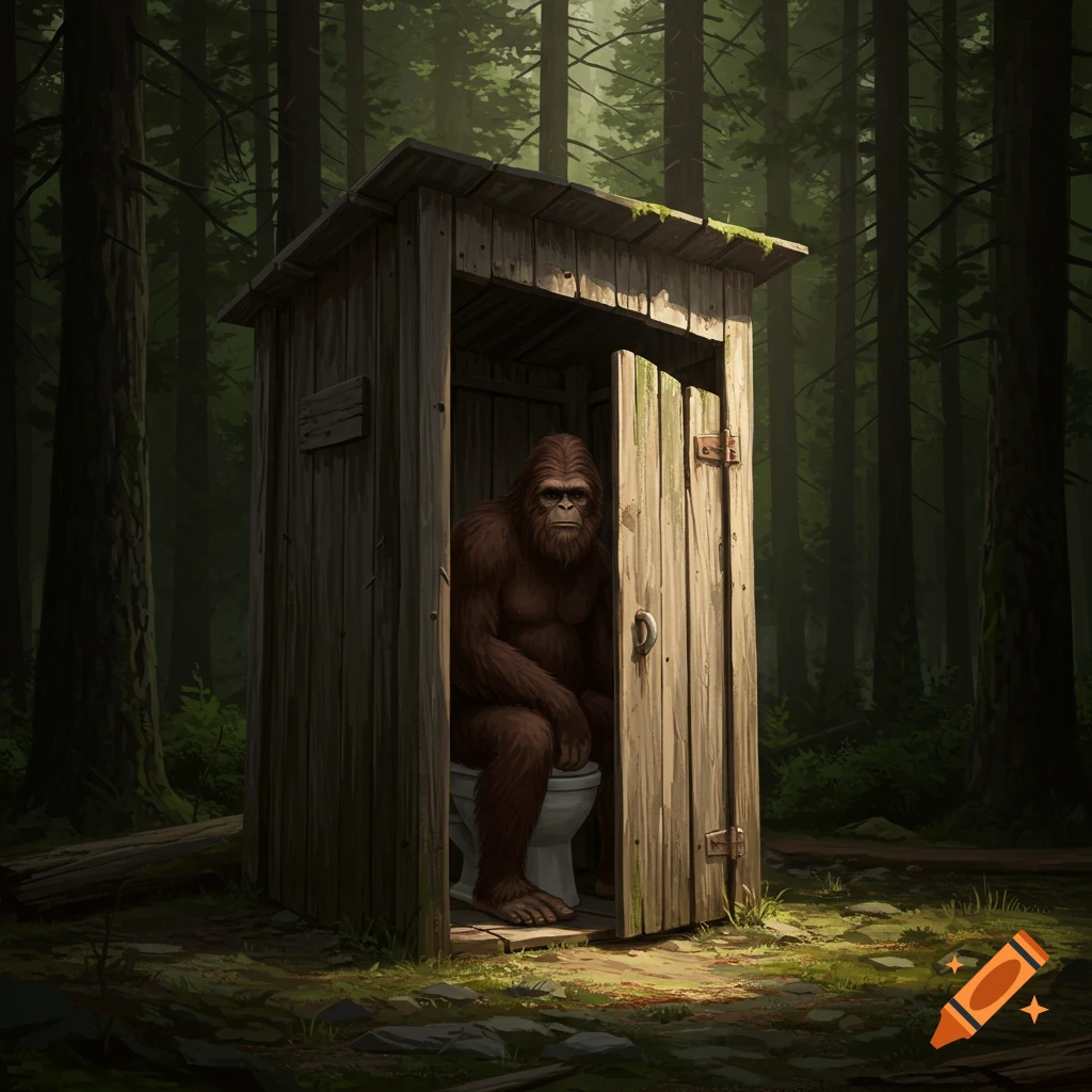 Sasquatch sitting on a toilet in a rustic outhouse in a forest.