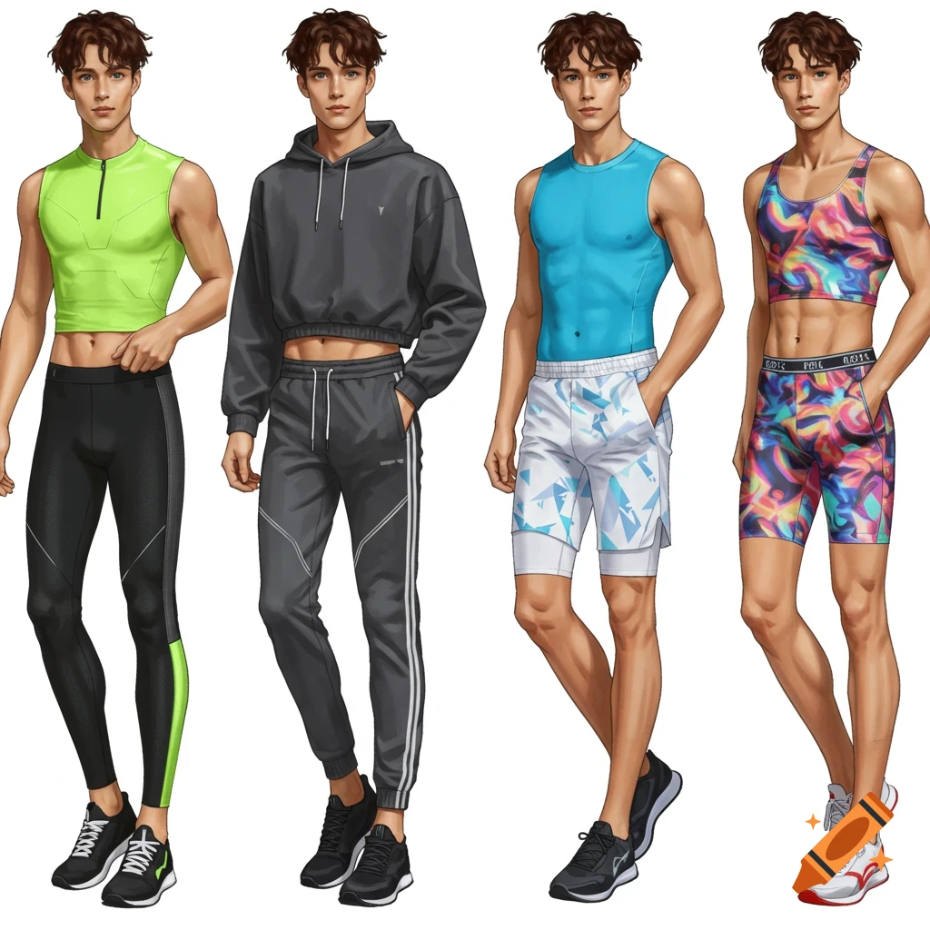 Four men are standing side-by-side, each wearing a different style of workout clothes.