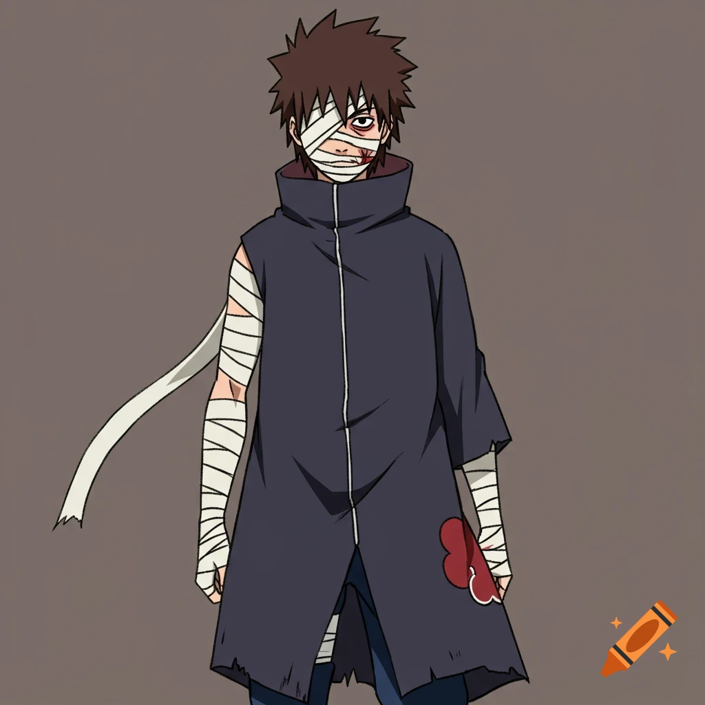 An anime-style drawing of a male ninja in a dark cloak with a red cloud symbol, bandaged head and arm, and a scar through one eye.