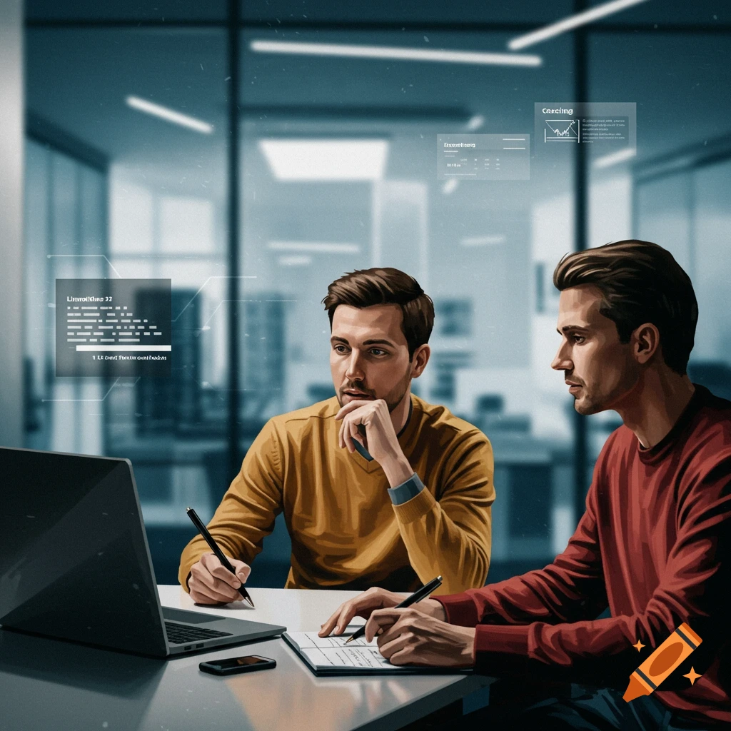Two men in an office looking at a laptop, one writing notes.