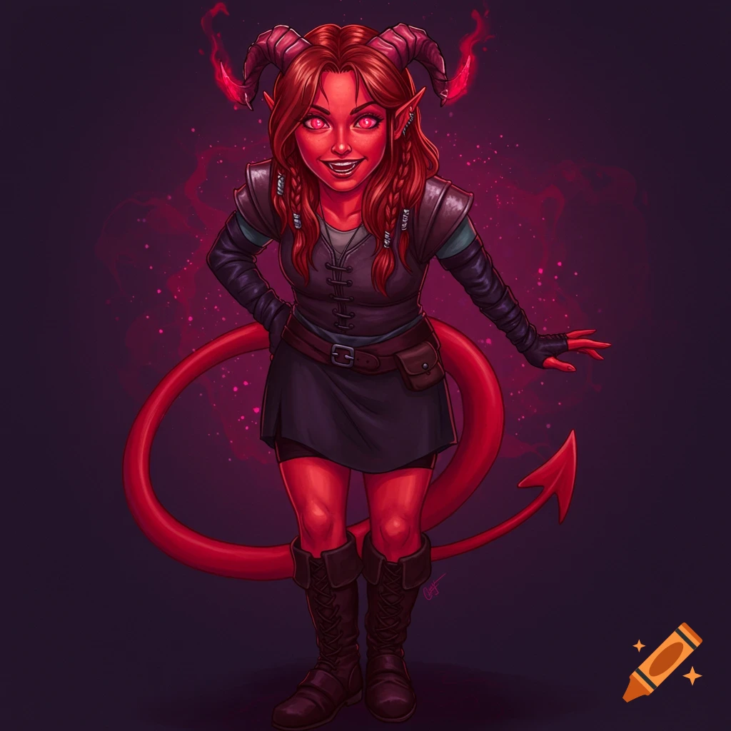 A red-skinned tiefling woman with horns and a tail, wearing fantasy clothing, smiling.