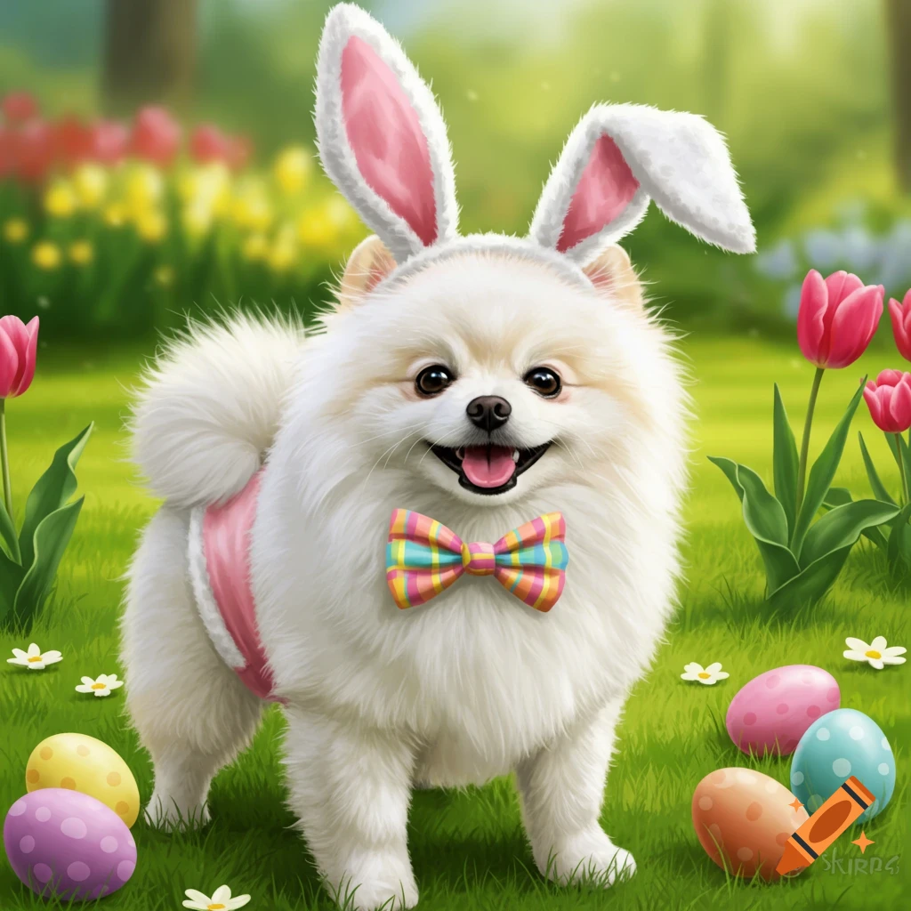 A white Pomeranian dog dressed as an Easter bunny in a garden with eggs.