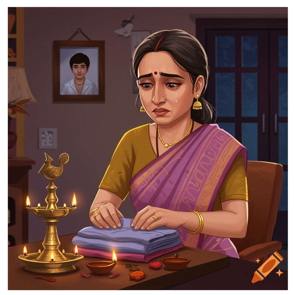 Illustration of a crying Indian woman in a saree folding clothes near a lit lamp and photo of a young man.