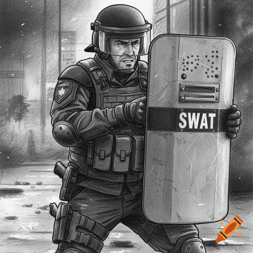 Pencil drawing of a SWAT officer in tactical gear holding a riot shield.
