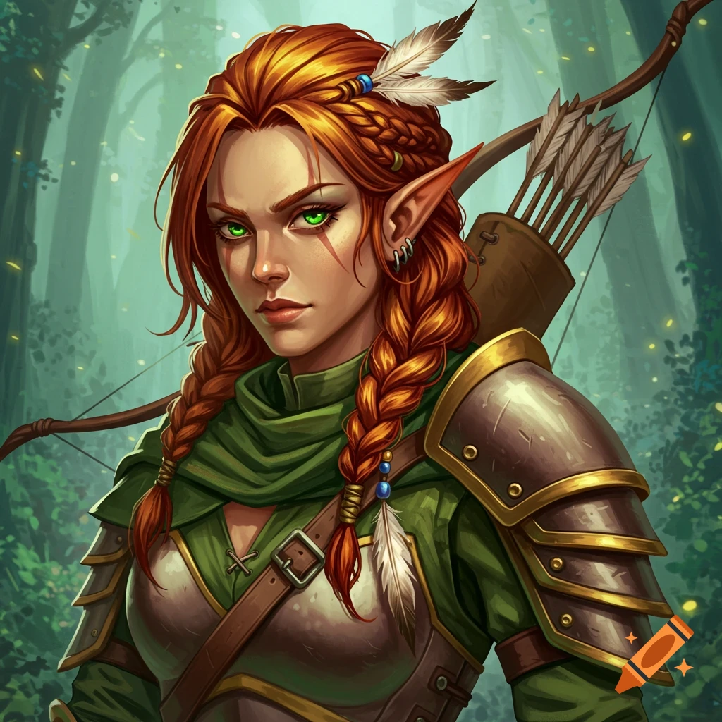 Portrait of a red-haired elf archer in armor with green eyes in a forest.