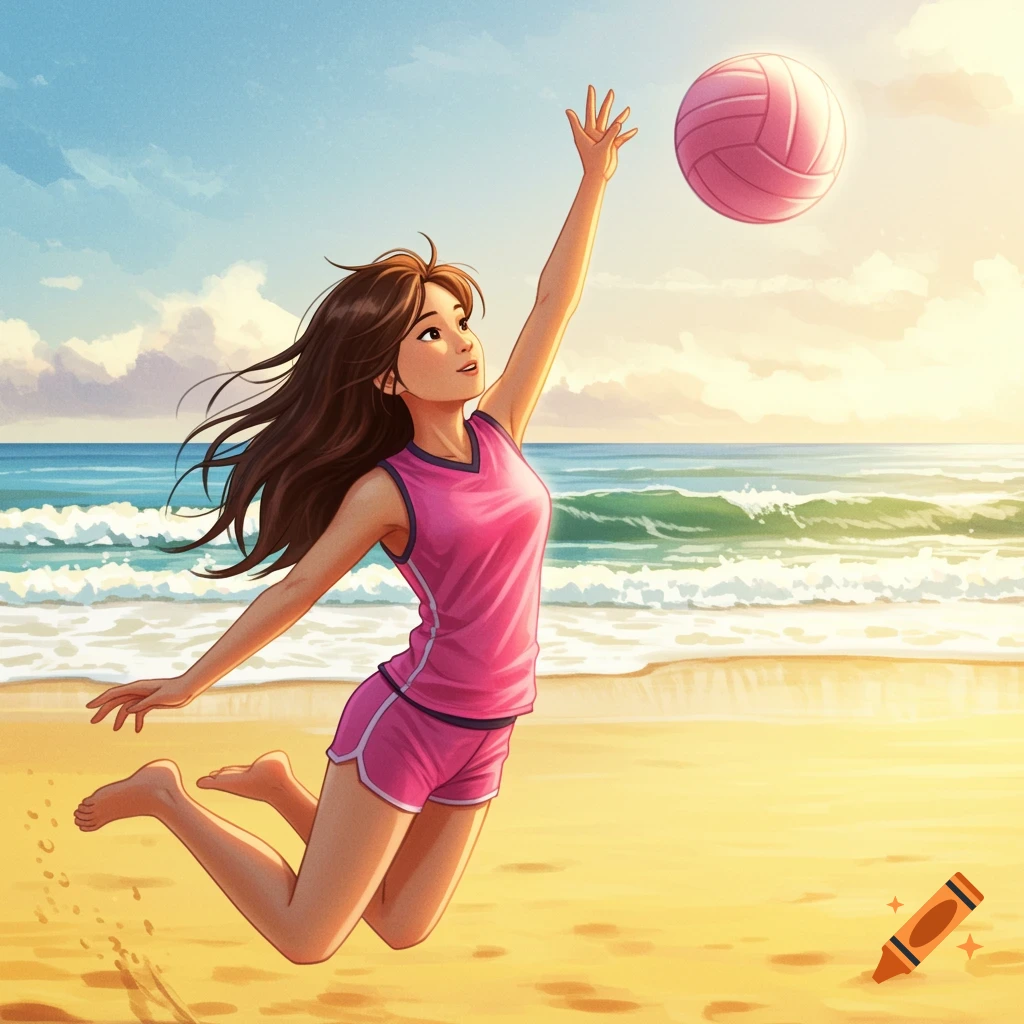 Anime-style girl playing volleyball on a sunny beach.