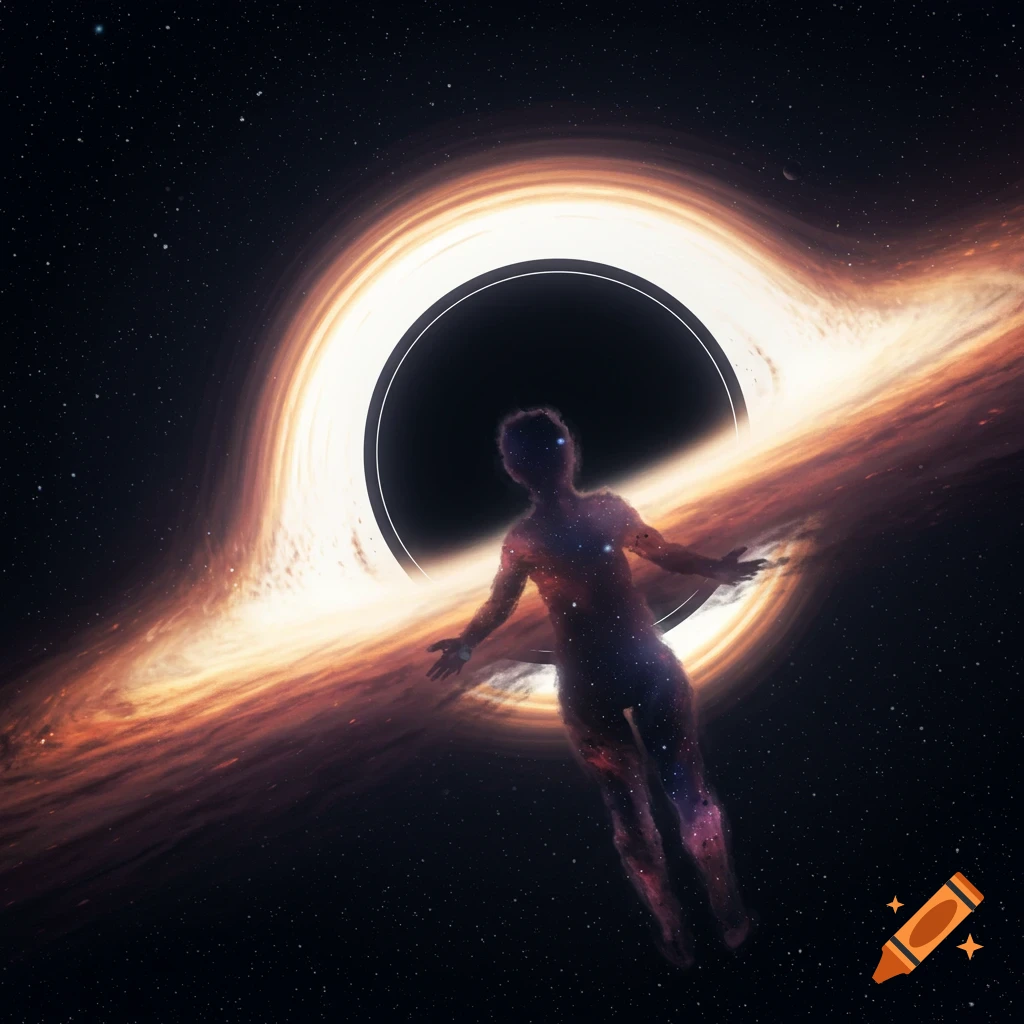 Starry figure floating near a black hole in space.