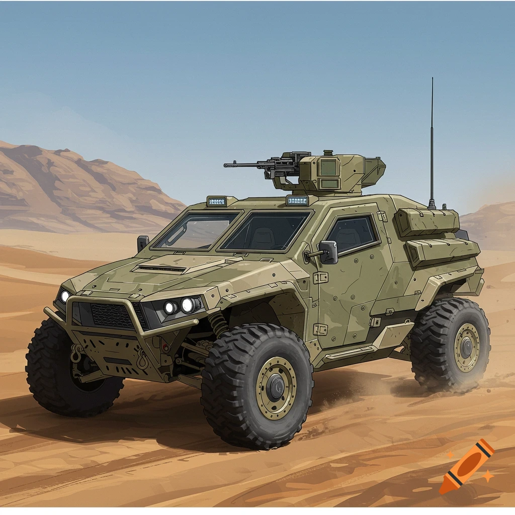 A light military vehicle drives through a desert.