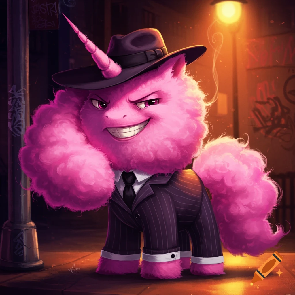 Pink fluffy unicorn in a pinstripe suit and fedora in a gritty night alley