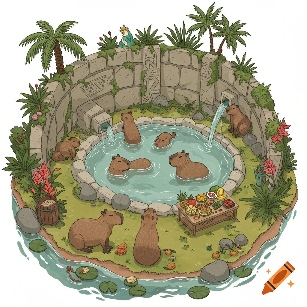 Capybaras relaxing in a hot spring pool on a tropical island with fruit.