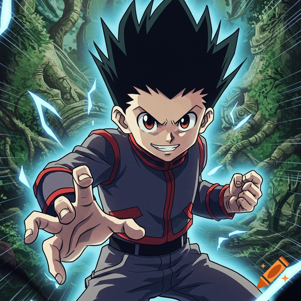 Anime boy with spiky black hair reaches out, surrounded by blue energy in a forest setting.