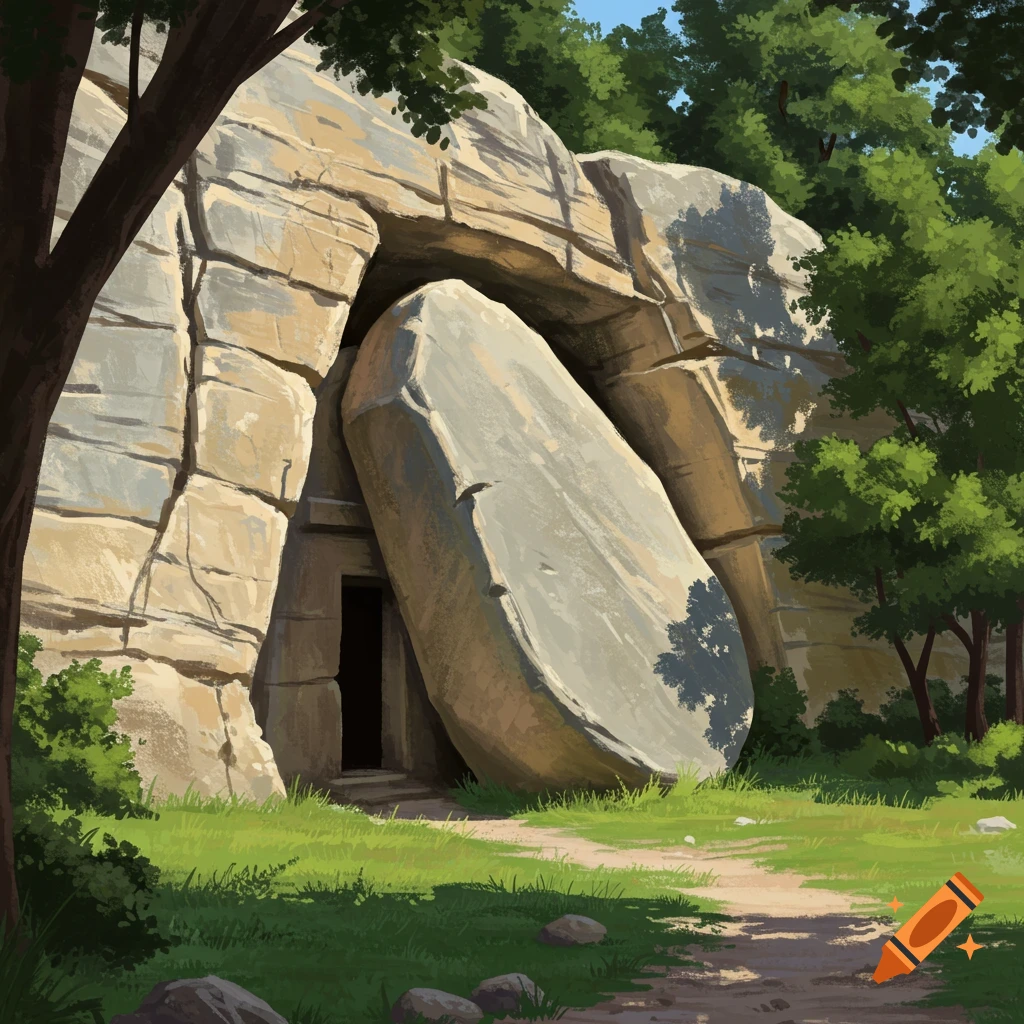 Cave entrance covered by a large rounded stone, surrounded by trees and greenery with a path leading towards it.