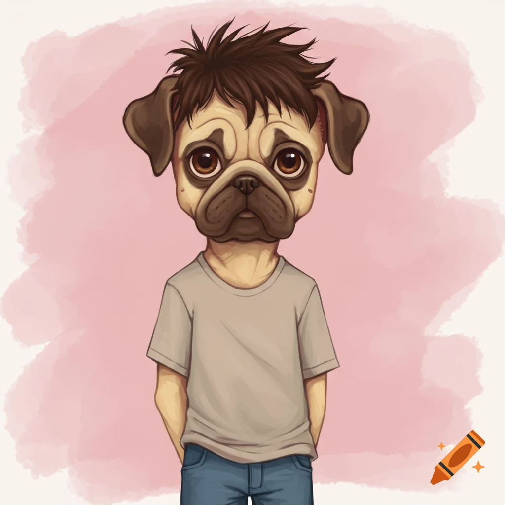 A character with a pug head and human body is wearing a t-shirt and jeans.