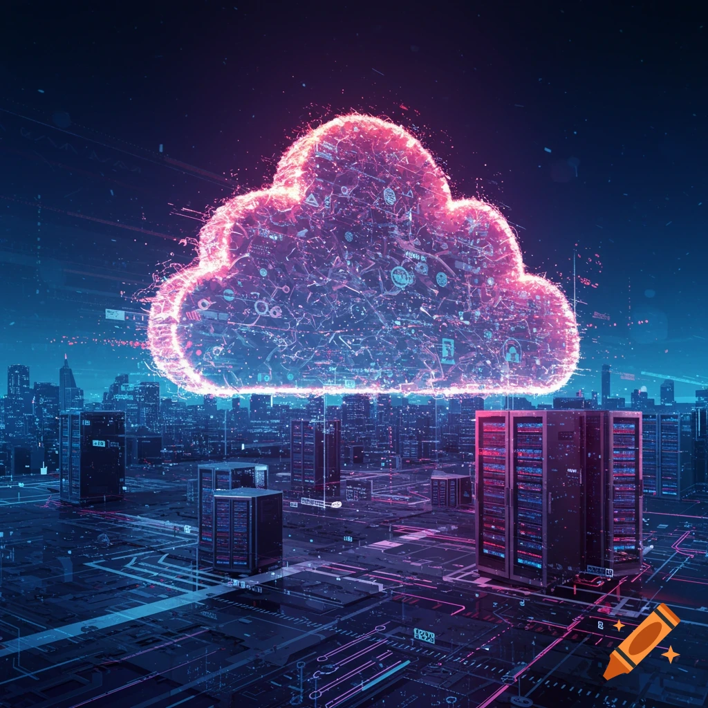 Digital illustration of a glowing data cloud over a futuristic city with servers.