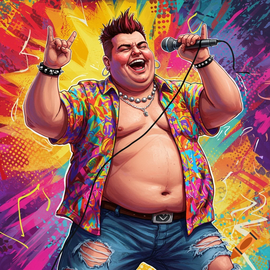 Large man rocking out and singing into a microphone in a vibrant illustration