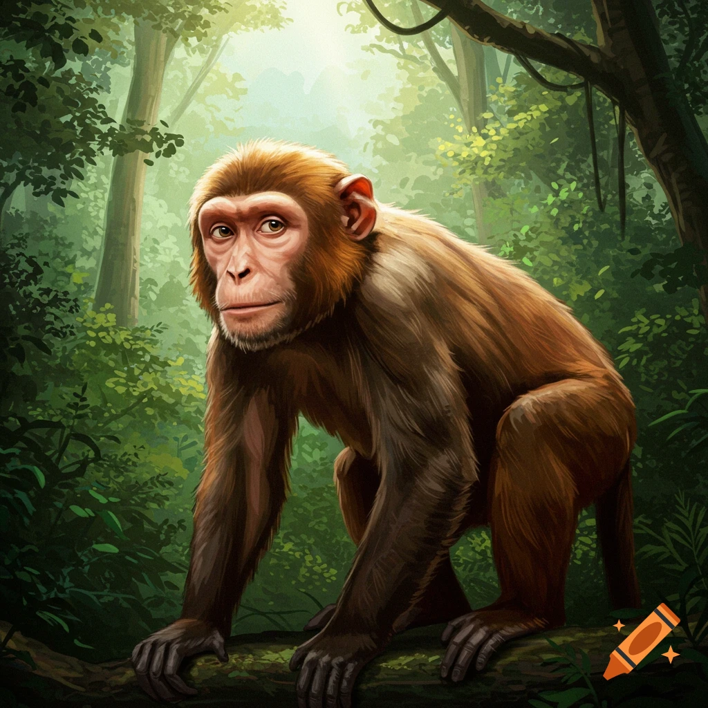 A monkey with a human-like face is in a forest.
