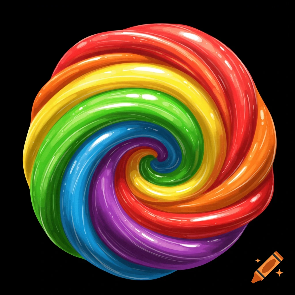 A swirling shape of rainbow colored slime on a black background