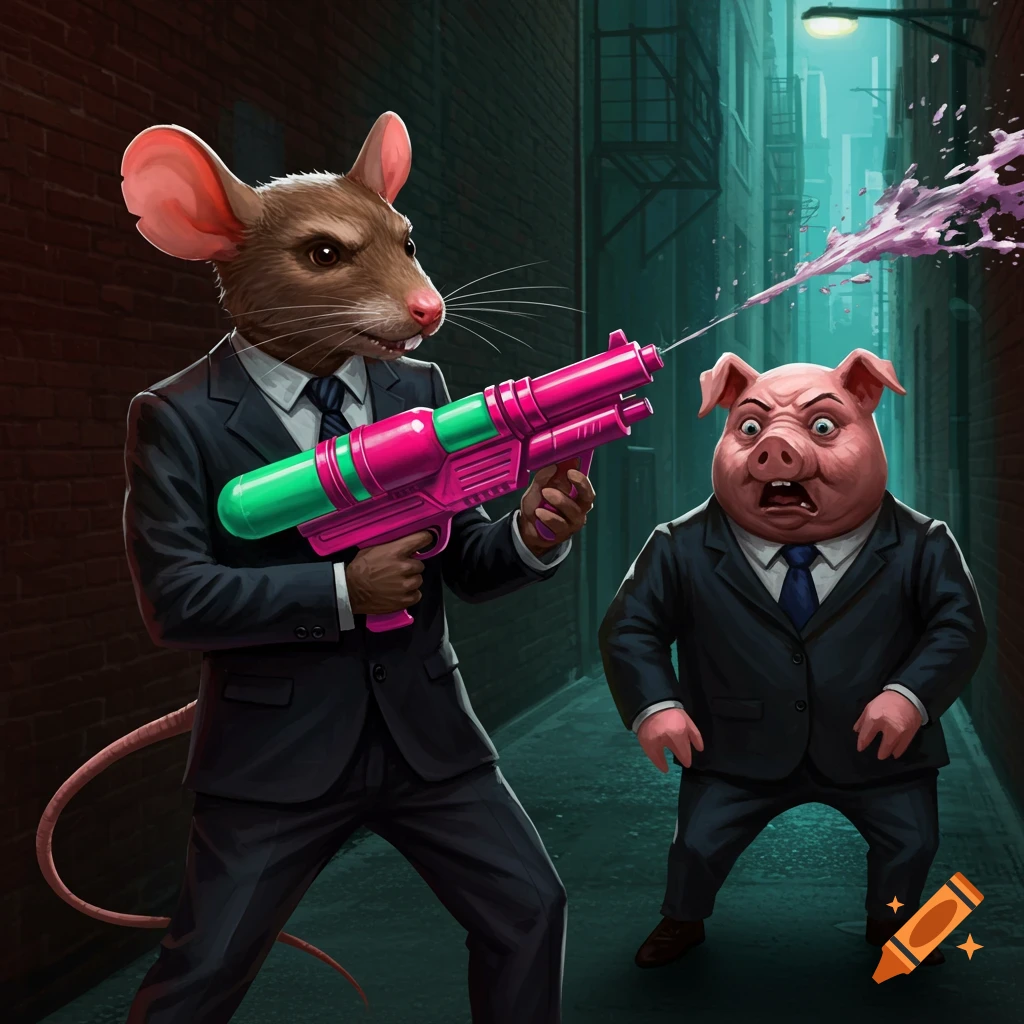 Humanoid mouse in a suit pointing a water gun at a scared humanoid pig in an alley.