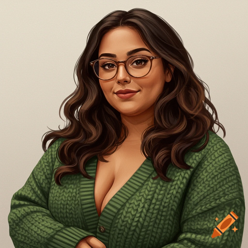 A woman with long brown wavy hair, wearing glasses and a green chunky cardigan.