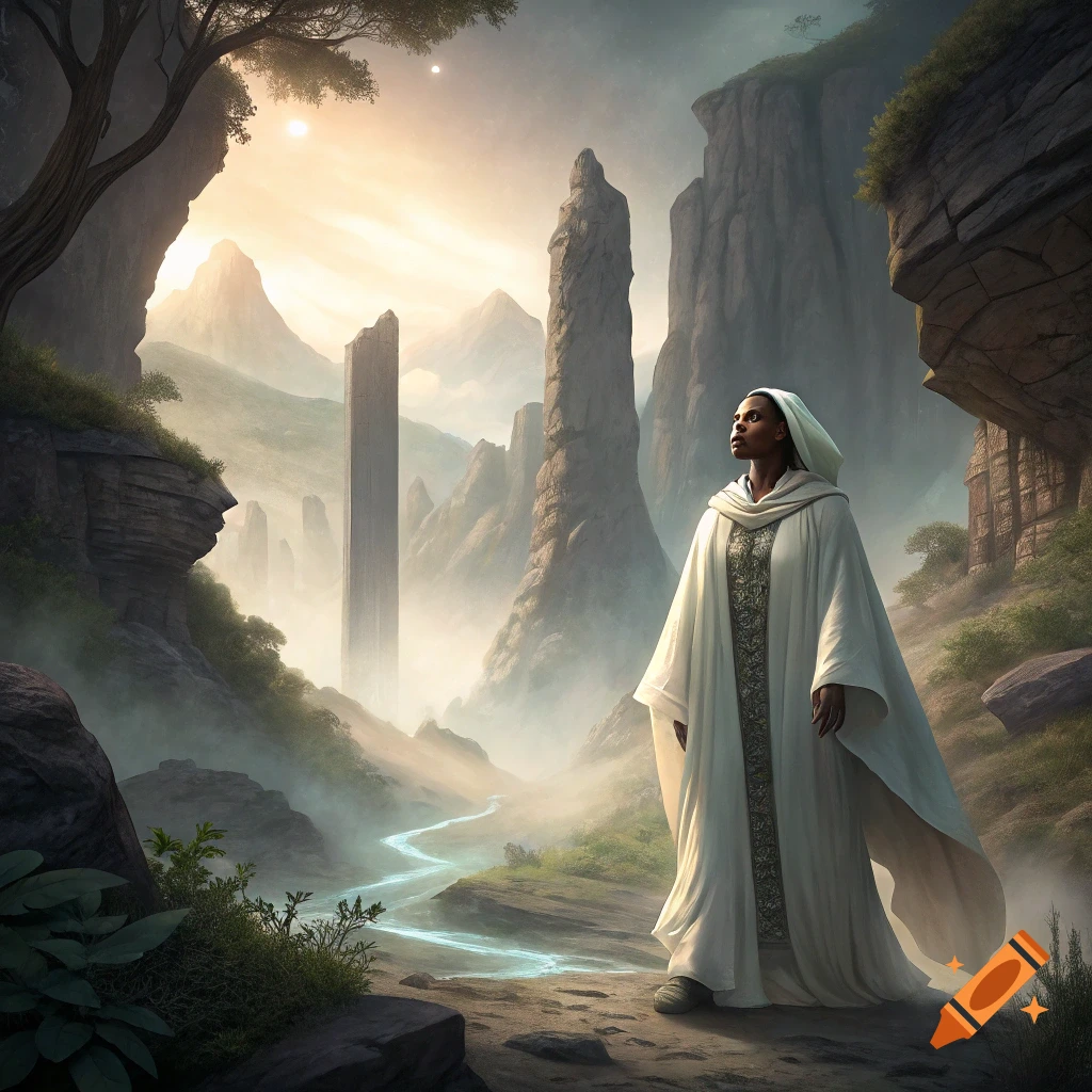 Person in white robe stands in misty fantasy landscape with tall rock pillars and a river.