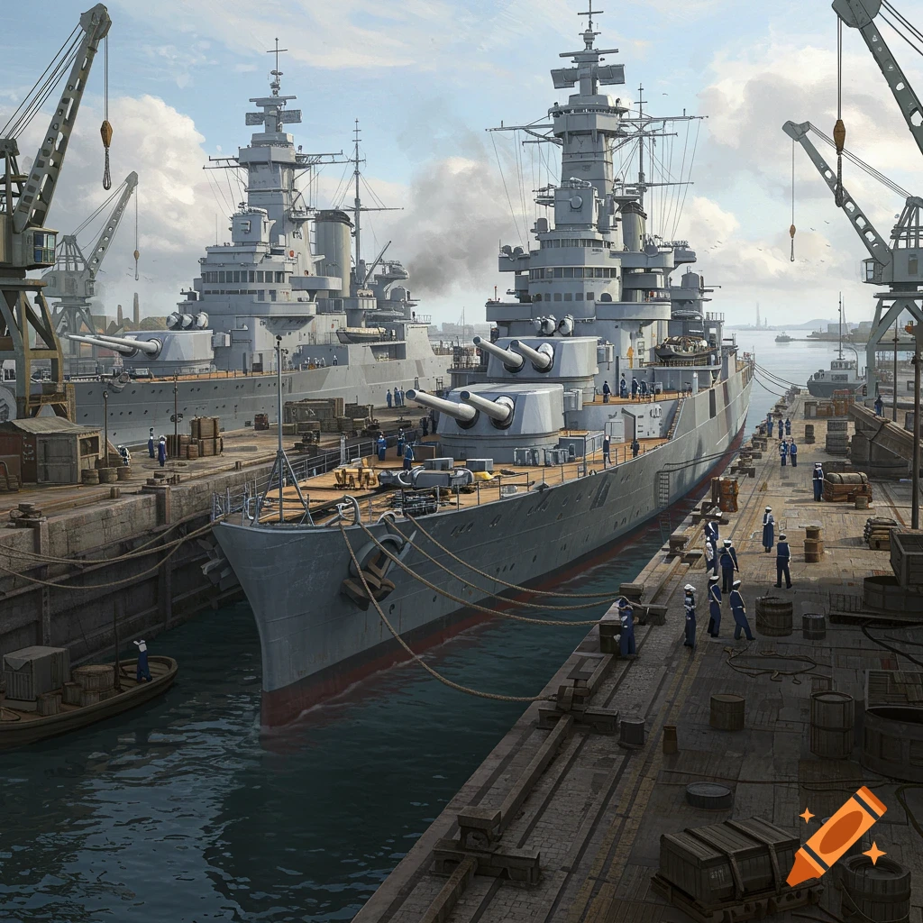 Two large grey warships docked in a shipyard with cranes and workers.