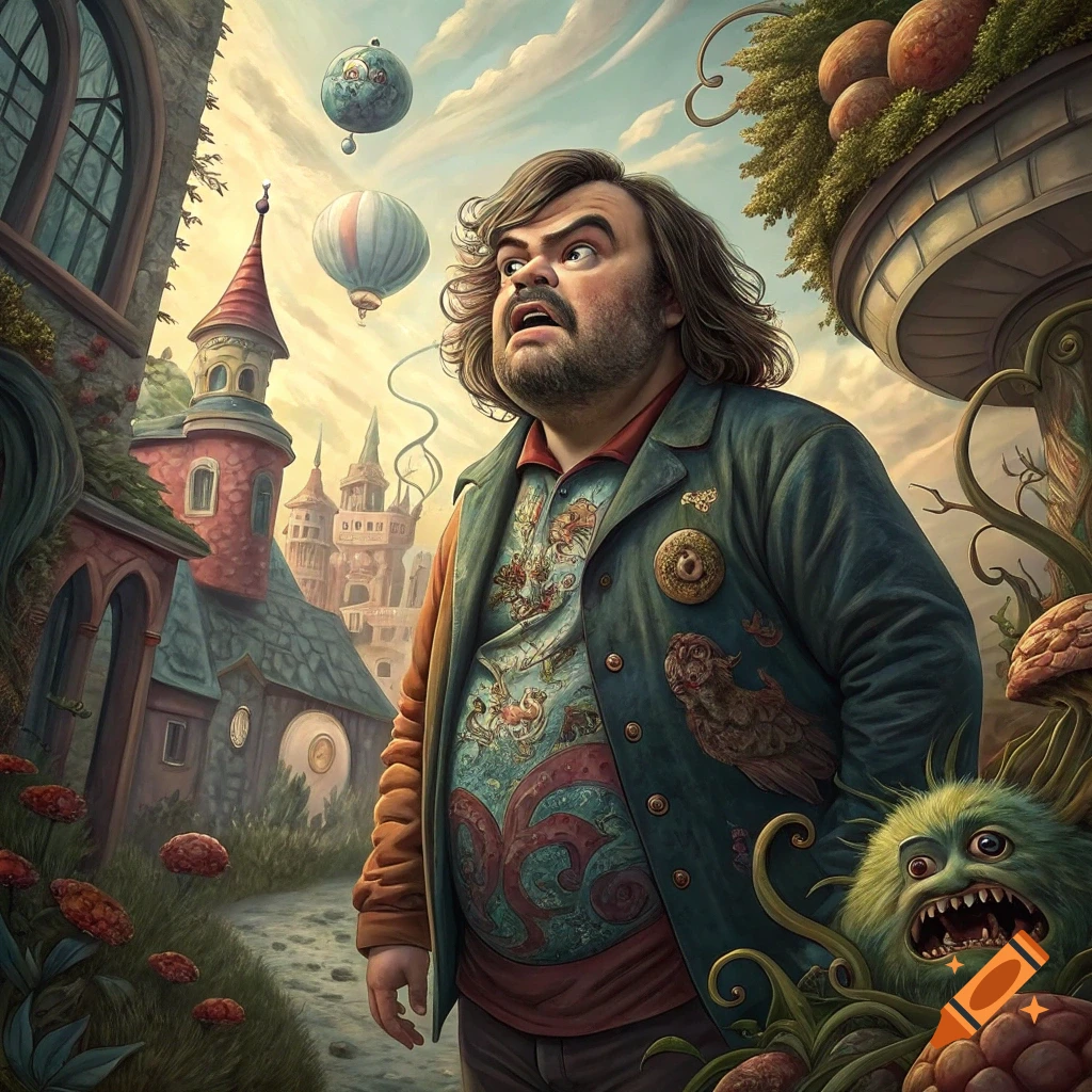 A man resembling Jack Black looks up in a strange fantasy world with surreal plants, creatures, and floating objects.